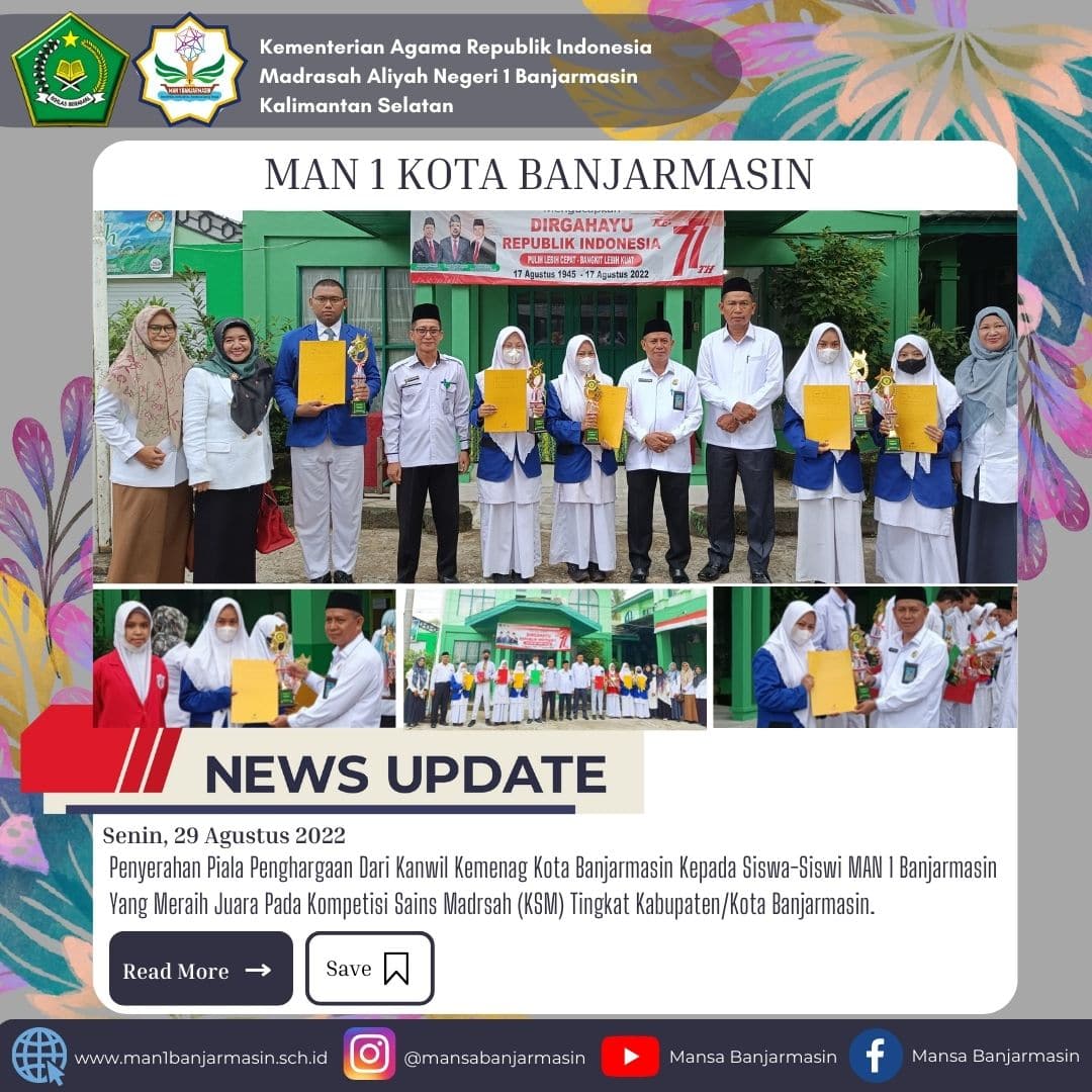 8 Delegasi MAN 1 Banjarmasin Terima Piala Penghargaan Juara Pada Kompetisi Sains Madrasah Dari Kemenag Kota Banjarmasin