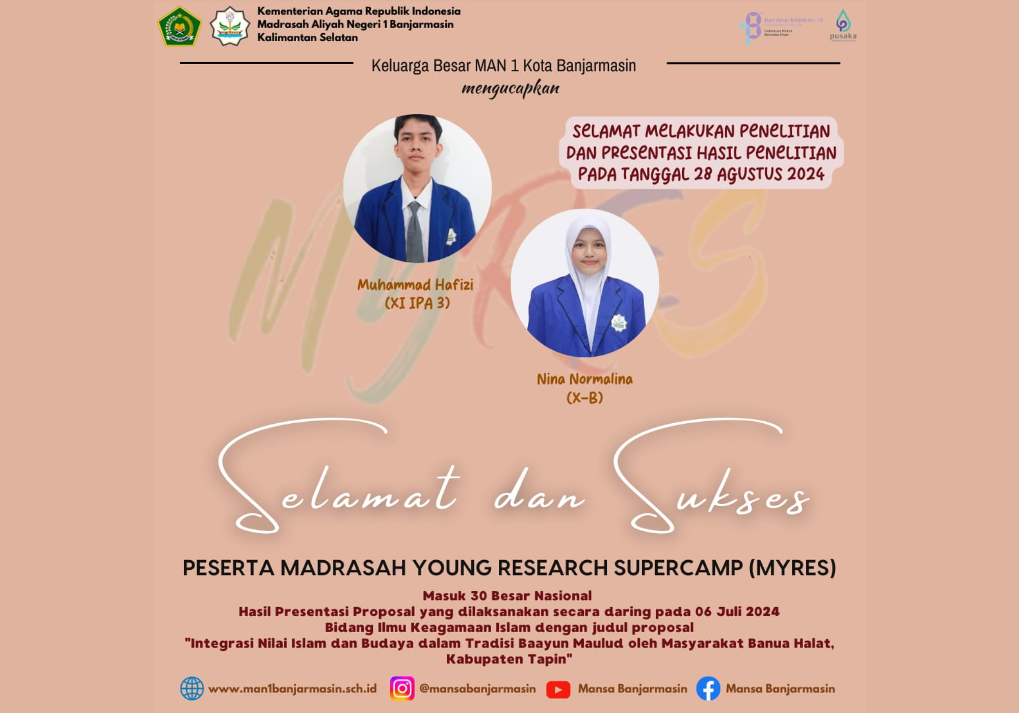 Siswa MAN 1 Kota Banjarmasin Lolos Ke Tahap Penelitian TOP 30 MYRES Tahun 2024